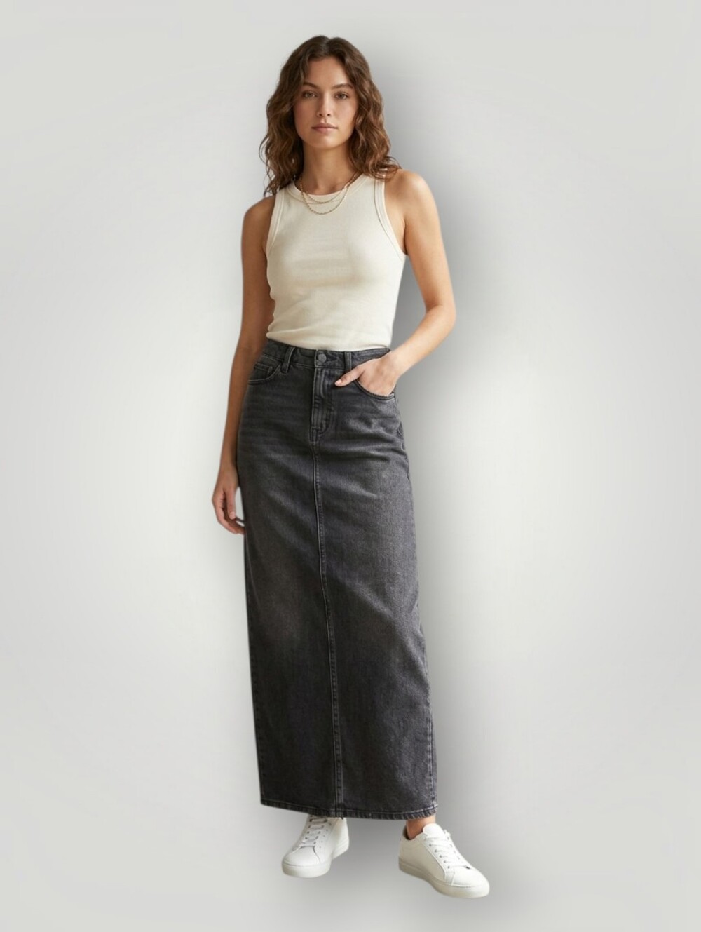 Good American Tube Maxi Skirt Black Denim Size 4/27 High Rise Column Y2K Revival